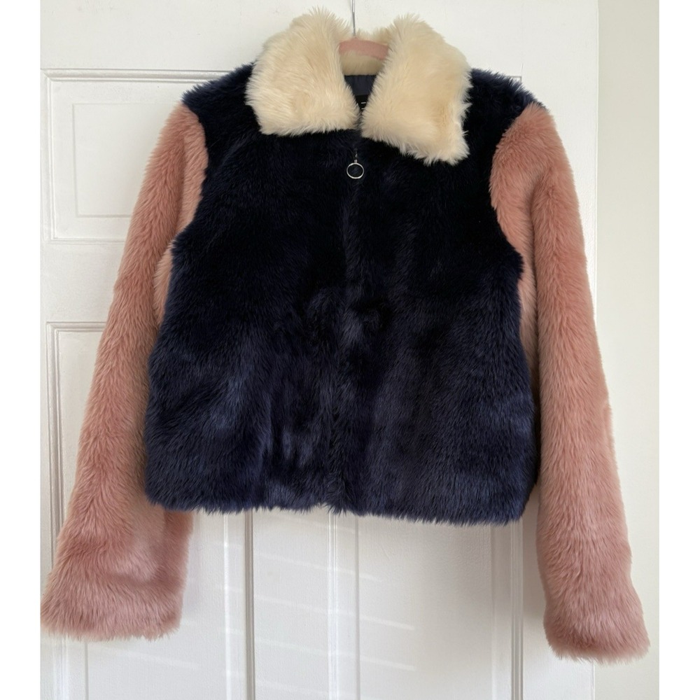 Rehab Faux Fur Colorblock Jacket Navy Pink Cream Zip Up Cropped Coat DT6738A M